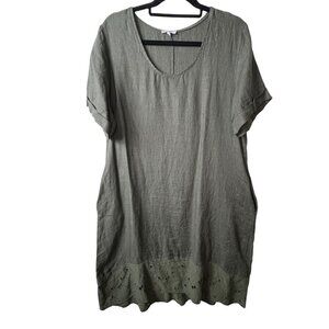 Rosemarine Italy green maxi linen dress pockets floral‎ eyelet women’s L